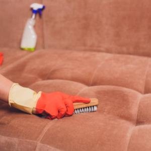 On-site manual cleaning of suede-textured fabric sofas: removing stains and indentation marks